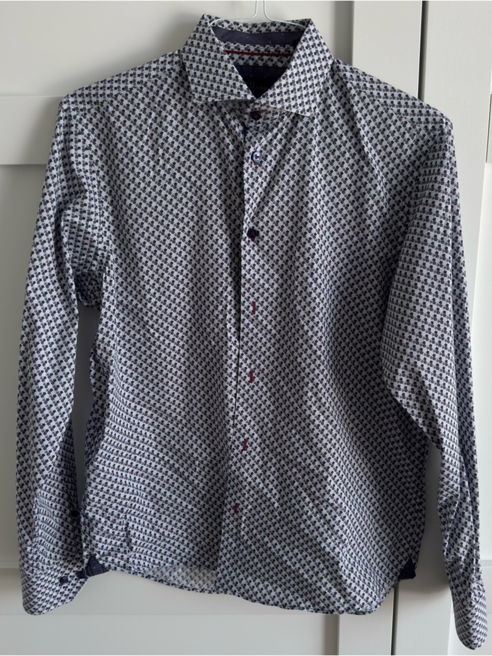 Men's Patterned Long-Sleeve Dress Shirt - White & Navy